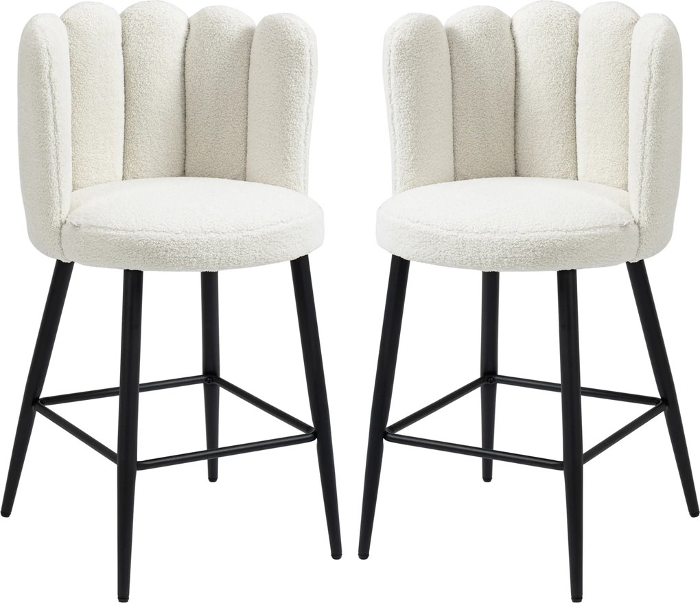 Conjunto de 2 cadeiras altas de bar com apoio para os pés, em aço e tecido com efeito de lã felpuda, altura 65 cm, creme e preto