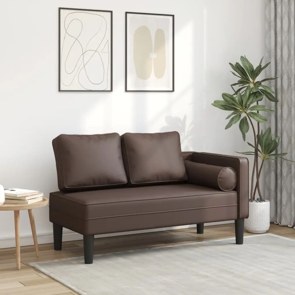 Chaise longue com almofadões couro artificial castanho