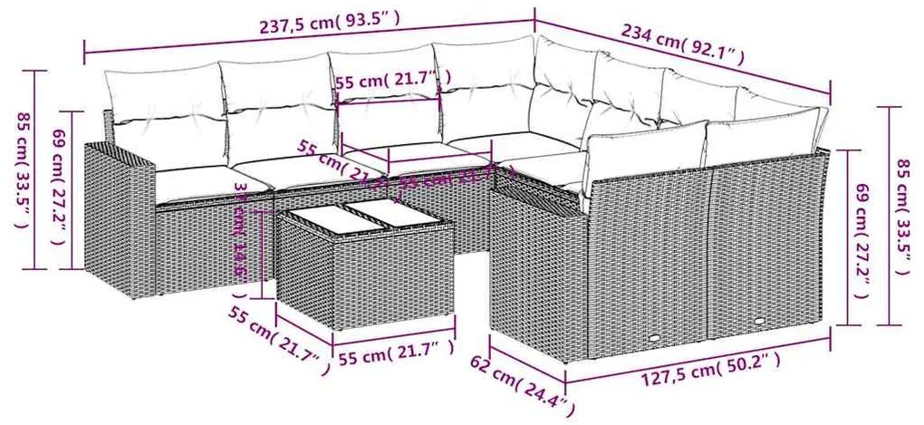 9 pcs conj. sofás jardim com almofadões vime PE cinzento-claro