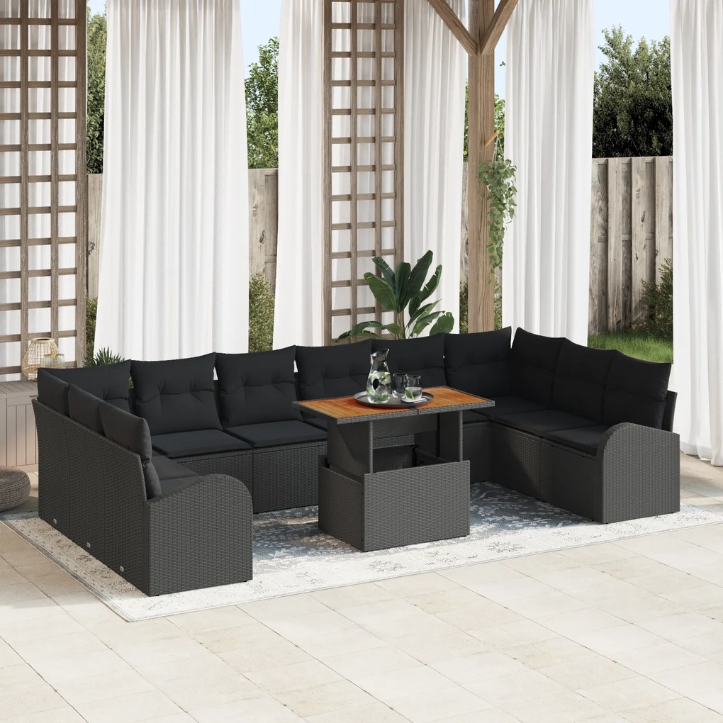 vidaXL Conjunto de Jantar de Jardim 11 Peças com Almofadas Preto Rattan Sintético Acácia