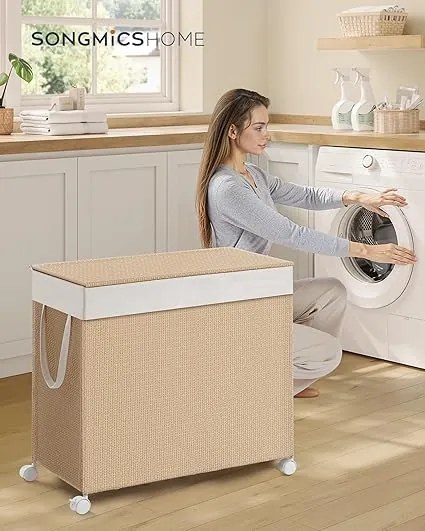 Cesto da roupa 140 L com 3 compartimentos e rodas bege natural-branco