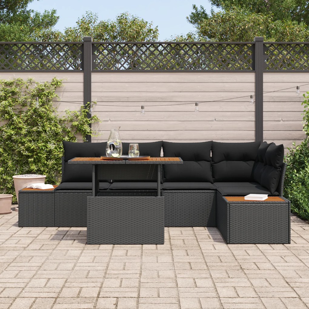Conjunto de Jantar de Jardim de 6 Peças com Almofadas Preto Rattan Pol