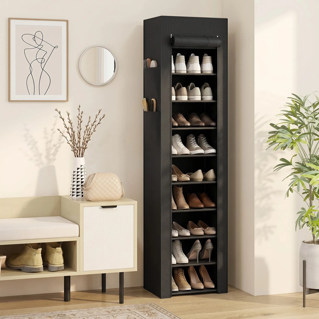 Sapateira com capacidade 45 x 30 x 175 cm para 20 pares e 10 níveis, organizador de sapatos em metal com capa anti pó, preto