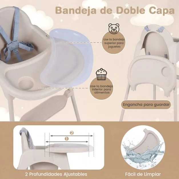 Cadeira refeição alta conversível 4 em 1 para bebés 2 alturas comTabuleiro duplo removível Arnês de 5 pontos Apoio para os pés Fácil de limpar 6-36 me