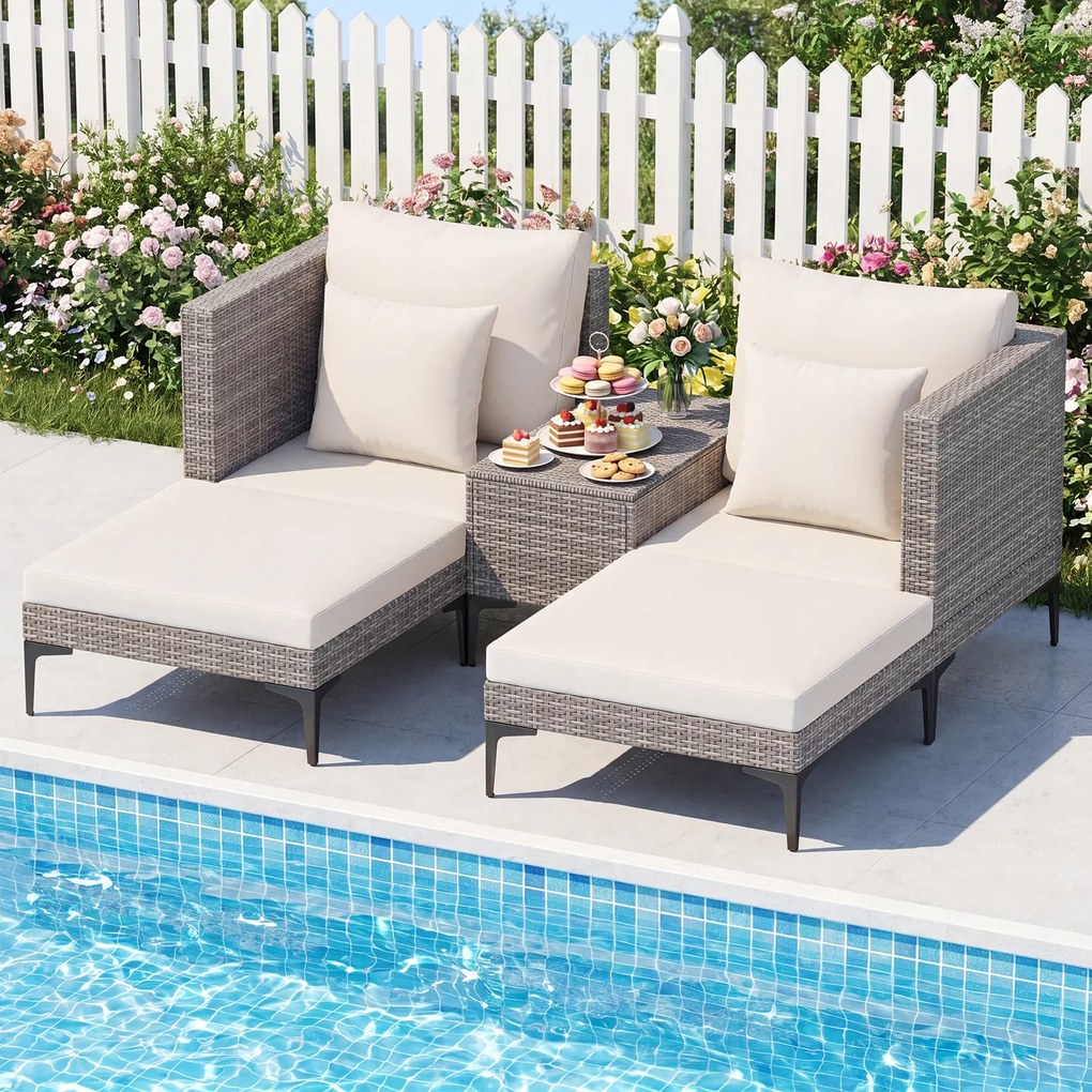 Conjunto jardim de rattan para exterior de 5 peças com mesa auxiliar, 2 sofás, 2 apoios para os pés, almofadas e travesseiros macios, modular, para pá