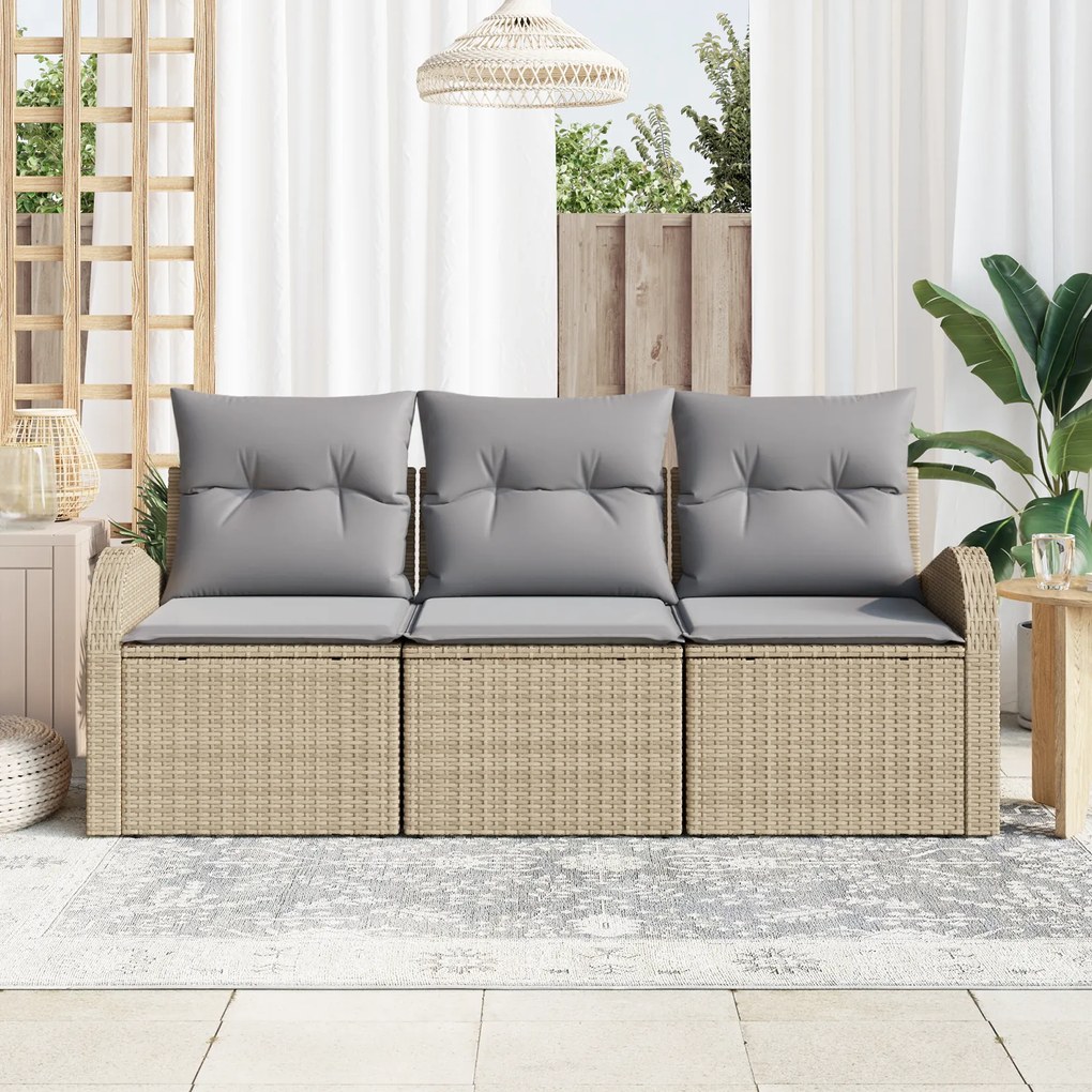Conjunto de Sofá de Jardim de 3 Peças com Almofadas Bege Polyrattan