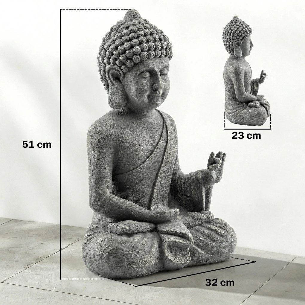 Estátua de jardim  32 x 23 x 51 cm, escultura de Buda sentado em óxido de magnésio, decoração espiritual, cinzento escuro