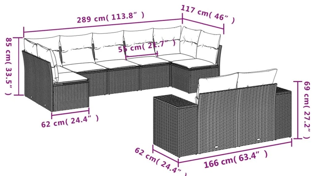 9 pcs conjunto sofás p/ jardim com almofadões vime PE cinzento