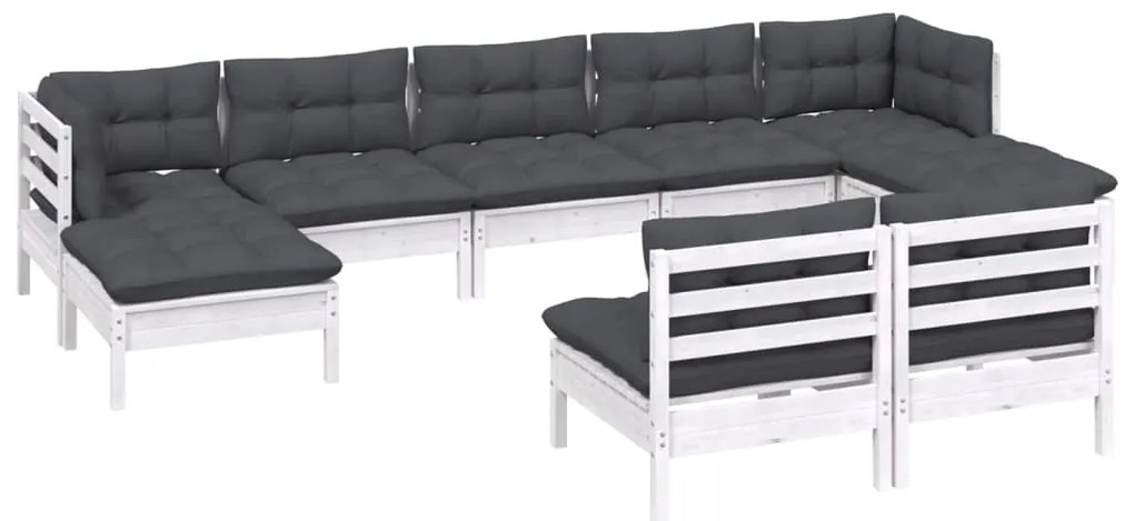 9 pcs conjunto lounge de jardim c/ almofadões pinho branco