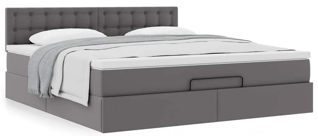 Estrutura de cama otomana com colchão cinza couro falso