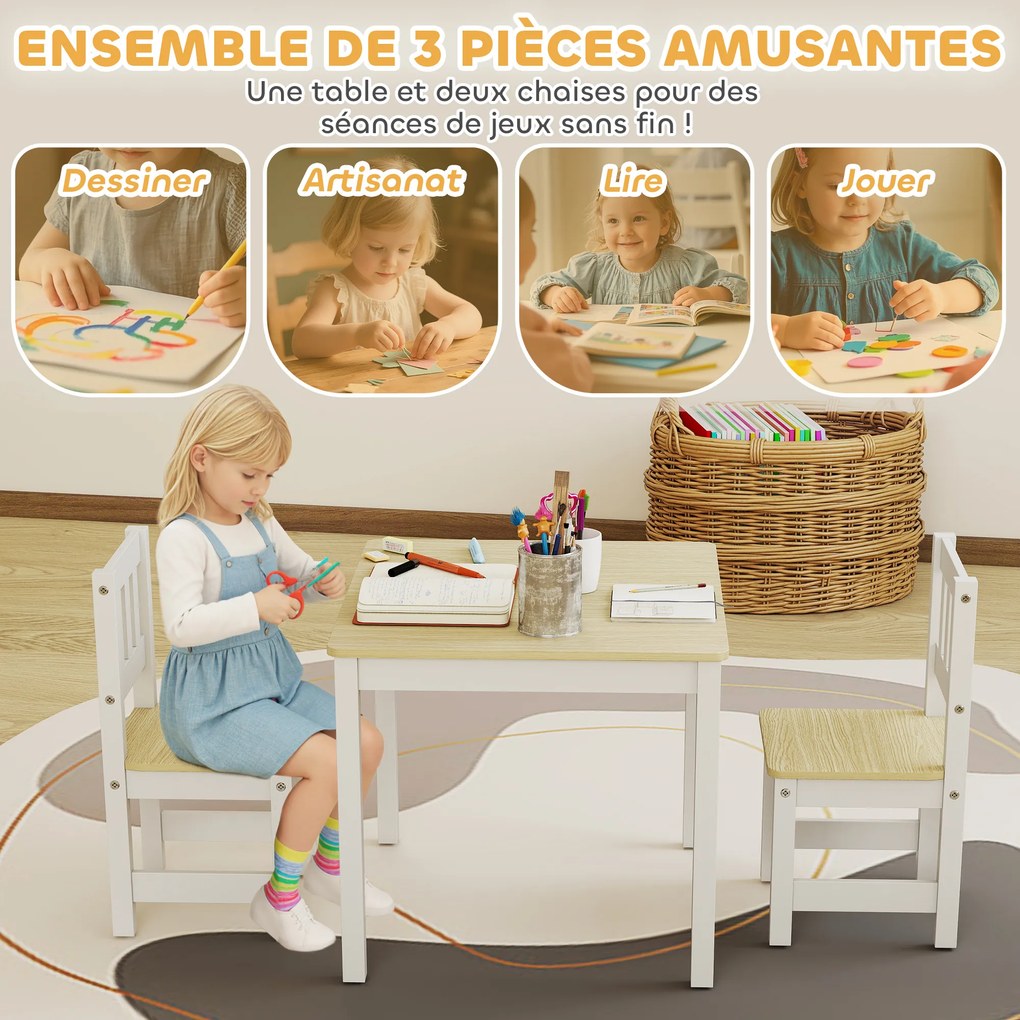 Mesa infantil com cadeira, conjunto composto por uma mesa e duas cadeiras infantis em madeira para desenhar, brincar e estudar, 56 x 52 x 48 cm, natur