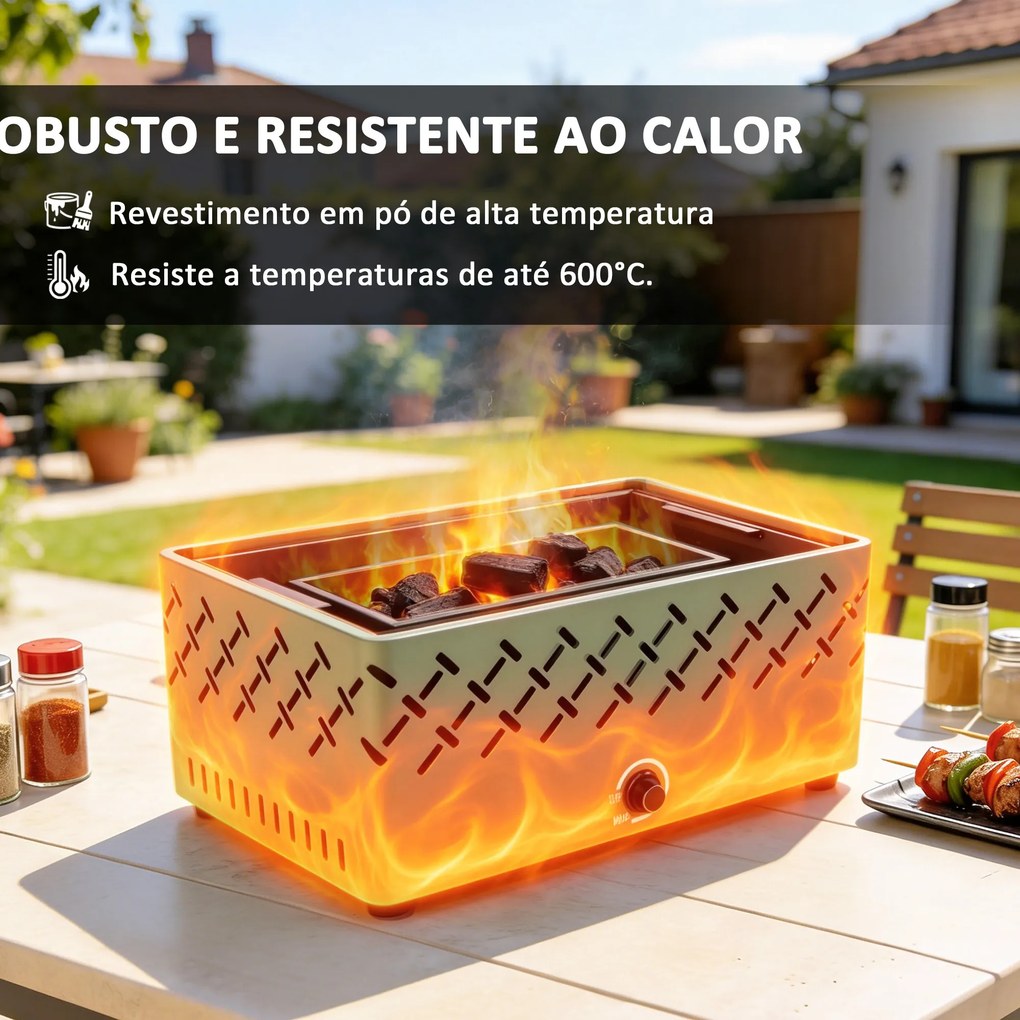 Grelhador a Carvão 45,5x29x21 cm com Ventilador Integrado, Temperatura Ajustável e Bandeja de Carvão, Verde-Claro
