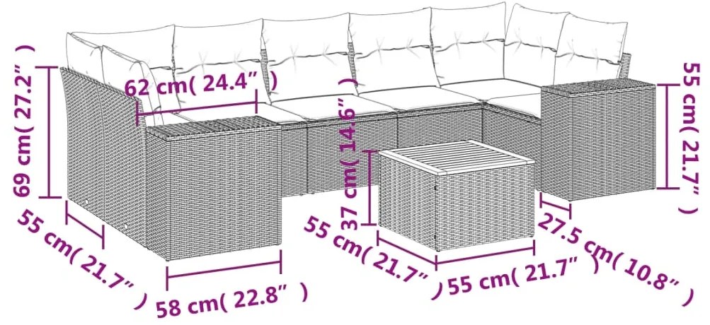 8 pcs conjunto sofás de jardim com almofadões vime PE preto