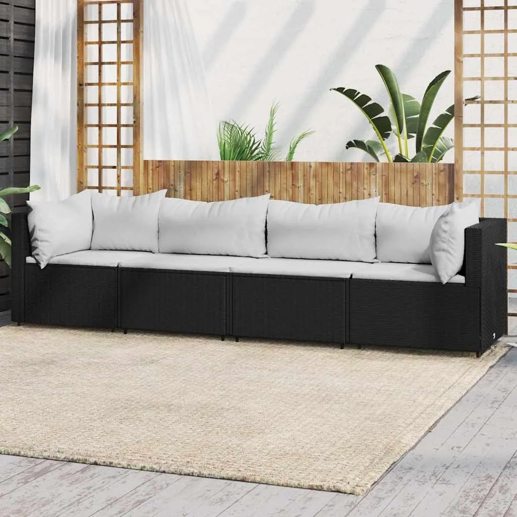 vidaXL 4 pcs conjunto lounge de jardim c/ almofadões vime PE preto