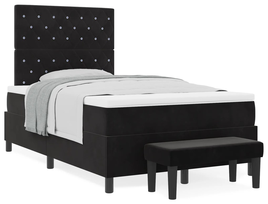 Cama Box Spring com Colchão e Banco Preto 120x200 cm Veludo