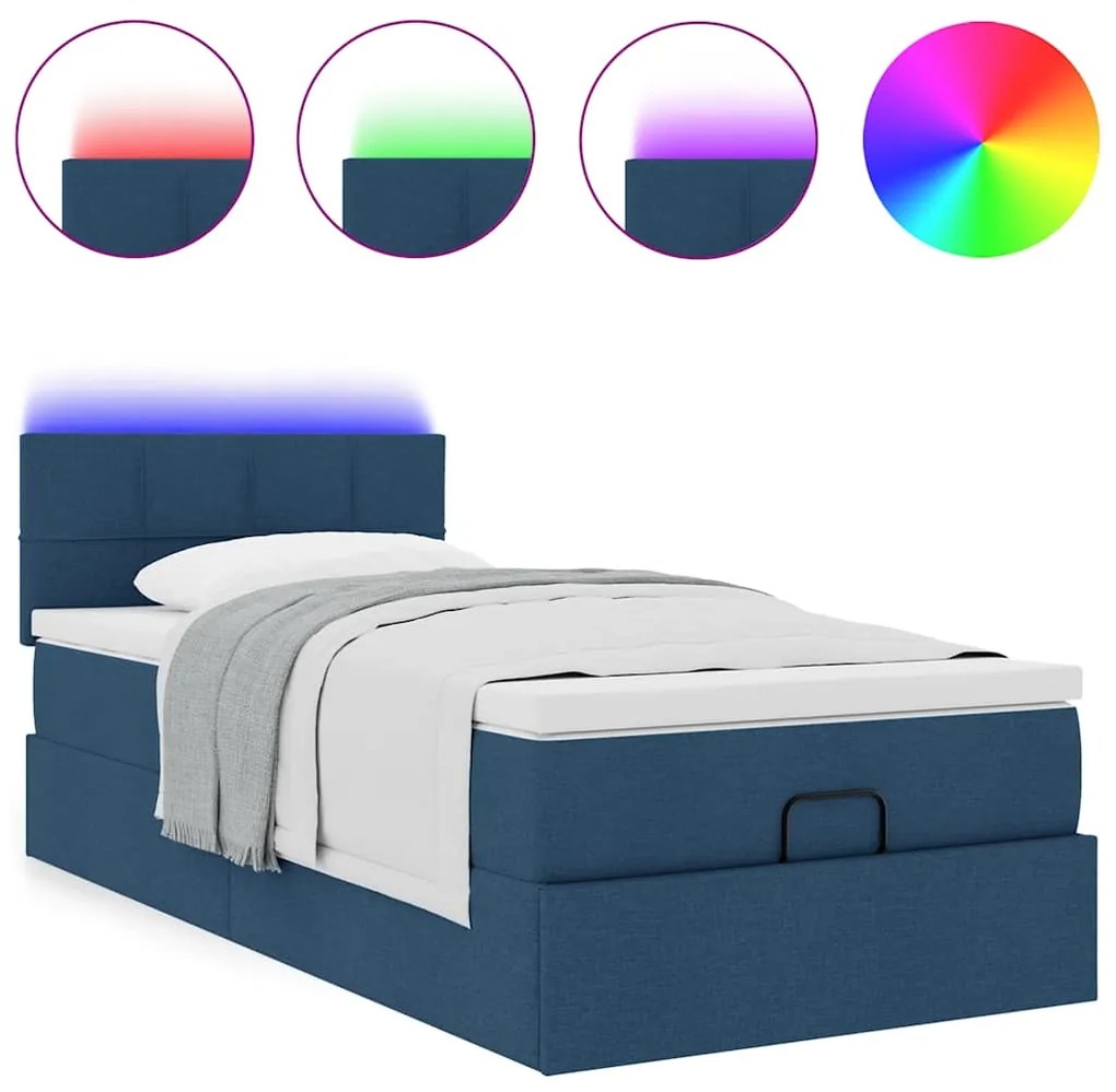 Cama Otomana com Colchão & LEDs Tecido Azul 90x200 cm