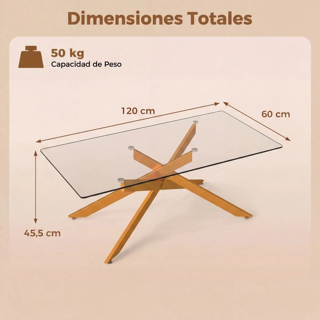 Mesa de centro 120 x 60 x 45,5 cm retangular com tampo de vidro e pernas tubulares modernas para sala de estar transparente e dourada