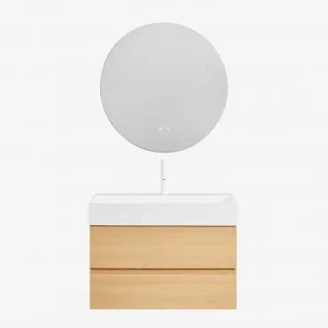 Conjunto De Móvel De Casa De Banho Suspenso Em Madeira E Folha De Freixo Com Lavatório Integrado Ona Madeira Natural & Redondo - Sklum