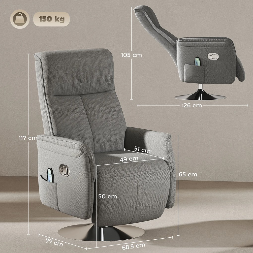 Poltrona de Massagem com Apoio para os Pés Poltrona Relax Reclinável até 135° com 10 Pontos de Massagem 68,5x84x110cm Cinza
