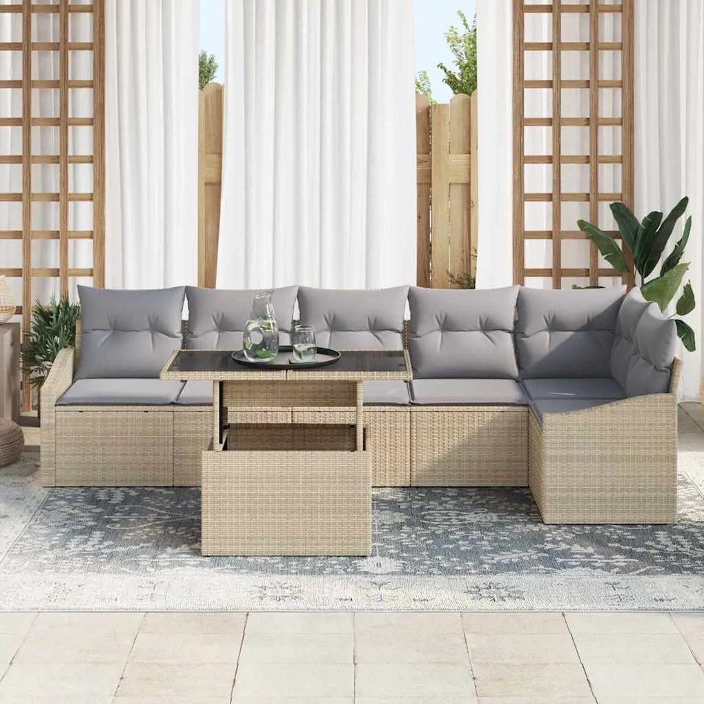 Conjunto de Sofá de Jardim 7 Peças com Almofadas Bege em Rattan