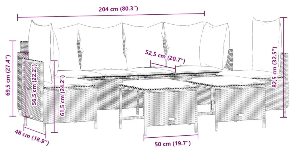 5 pcs conjunto sofás p/ jardim c/ almofadões vime PE castanho