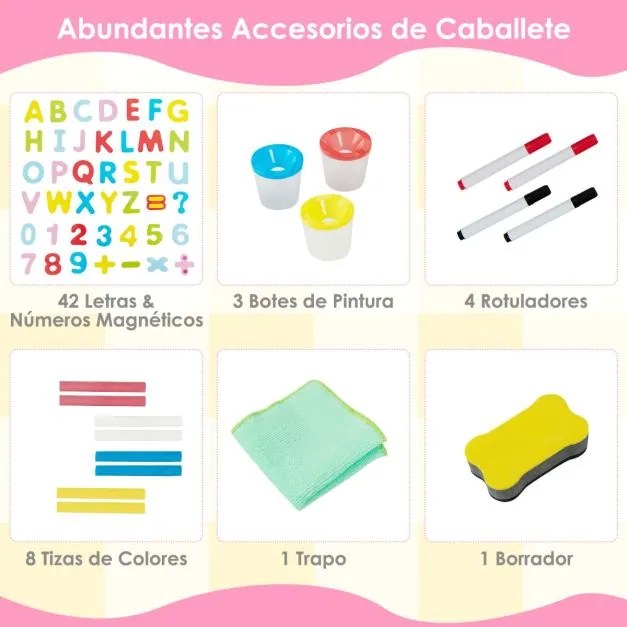 Cavalete de madeira para crianças ajustável com quadro negro e branco, rolo de papel e ímanes, natural e rosa