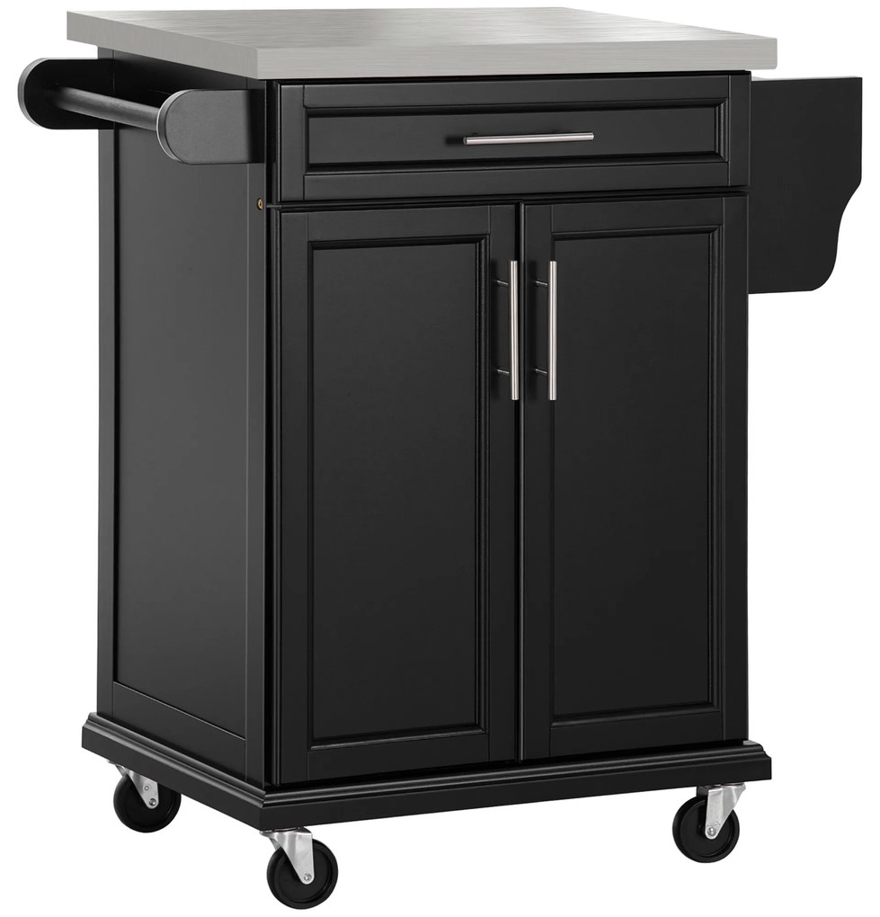 HOMCOM Mesa de Cozinha mesa auxiliar com rodízios ilha central de cozinha com tampo de aço inox, prateleira ajustável, gaveta, porta-temperos, porta-facas e porta-toalhas, 83,5 x 45,7 x 90,5 cm, preto | Aosom Portugal
