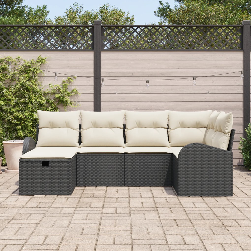 Conjunto de Sofás de Jardim de 6 Peças com Almofadas Rattan Preto, Sof