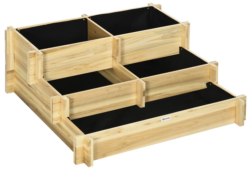 Caixa de Plantação de Madeira de 3 Níveis com Malha Geotextil para Cultivos de Plantas Flores Exterior 93x93x35 cm Natural