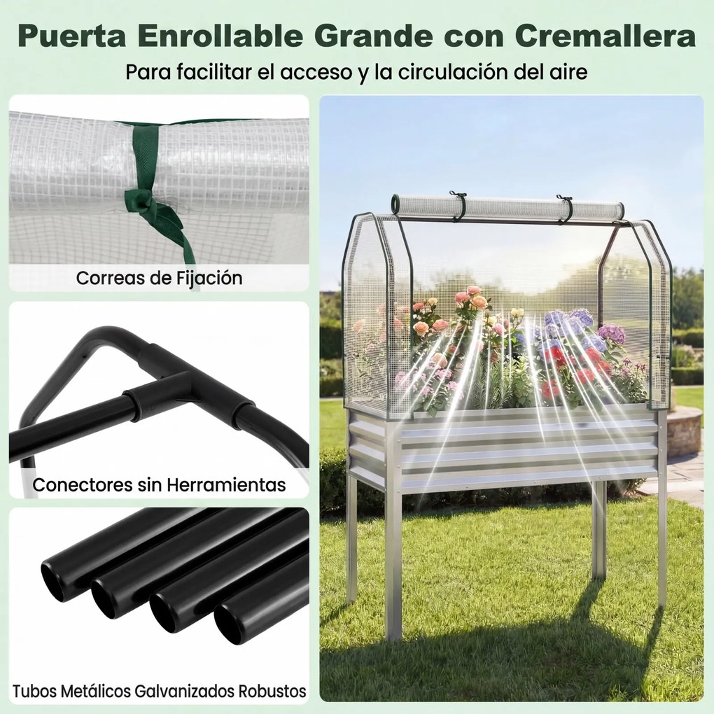 Floreira elevada com estufa 112 x 55 x 152 cm, canteiro de jardim em metal galvanizado com cobertura de proteção e porta enrolável para pátio, terraço
