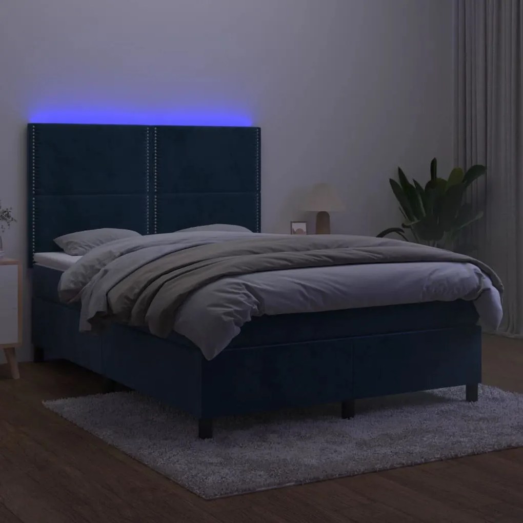 Cama box spring c/ colchão/LED 140x200 cm veludo azul-escuro