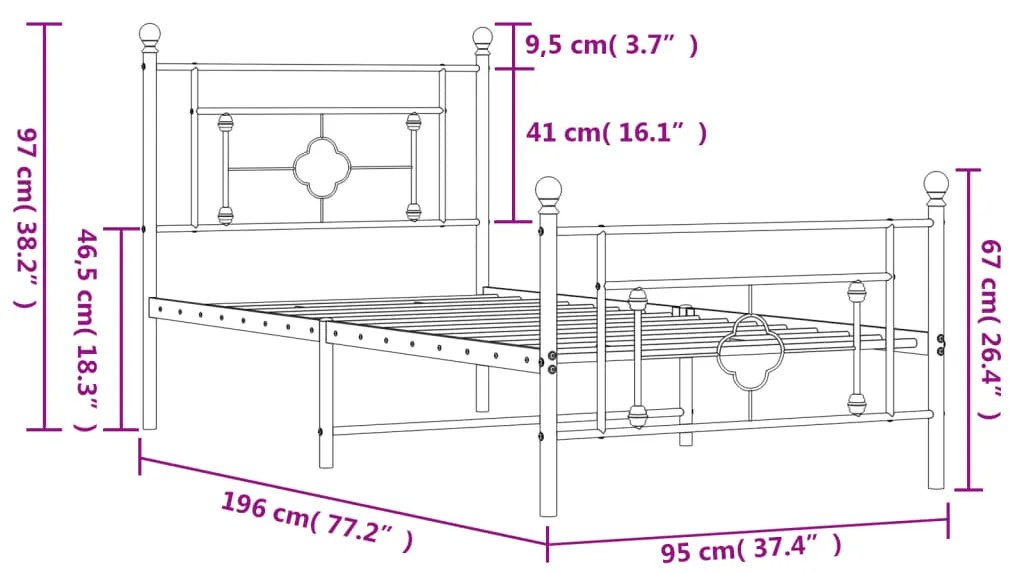 Estrutura de cama com cabeceira e pés 90x190 cm metal preto