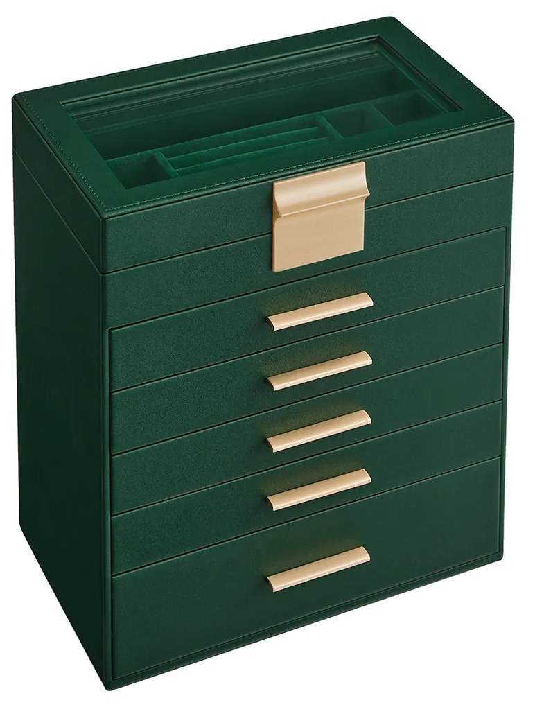 Caixa de jóias 5 gavetas moderna 16,3 x 25,1 x 29 cm verde floresta e dourada