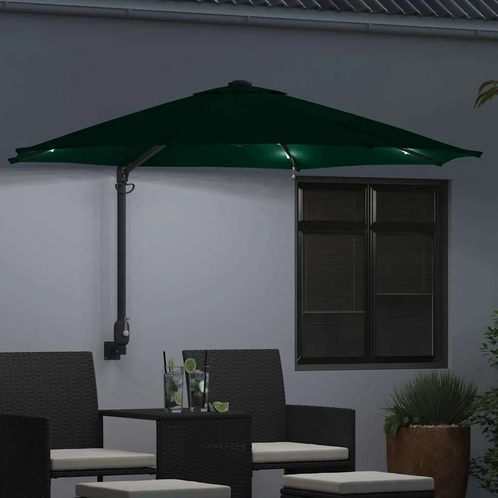 Guarda-sol de Jardim Montado na Parede com LEDs Verde 248 cm