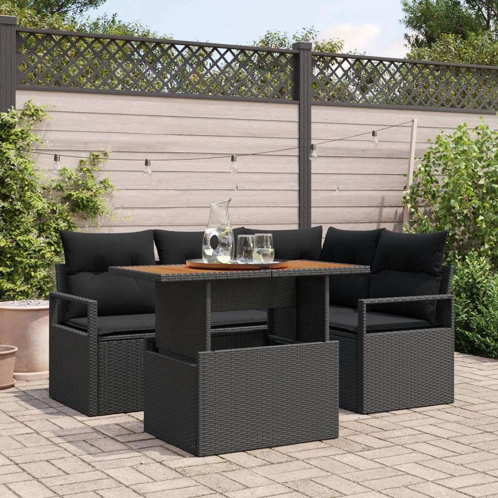 Conjunto de Sofá de Jardim vidaXL 5 Peças com Almofadas Preto Poliratt