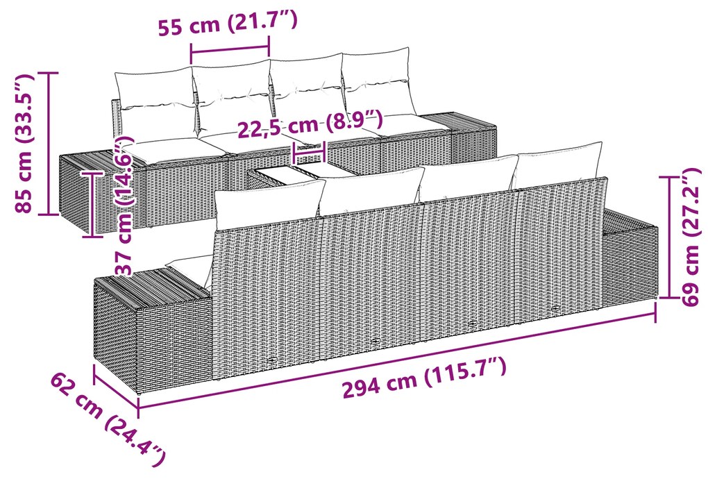 Conjunto de Sofá de Jardim de 7 Peças com Almofadas Castanho de Rattan
