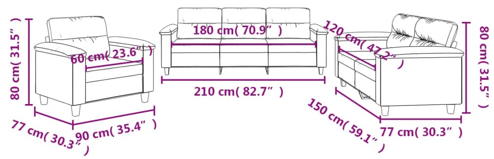 3 pcs conjunto sofás c/ almofadões microfibra cinza-acastanhado