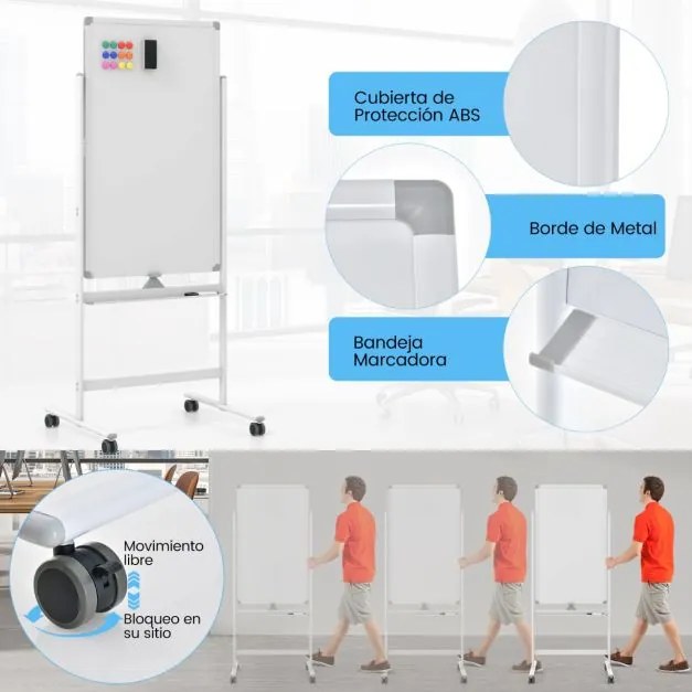 Quadro branco magnético móvel 60 x 100 de dupla face com suporte sobre rodas Altura ajustável para escritório Escola Branco