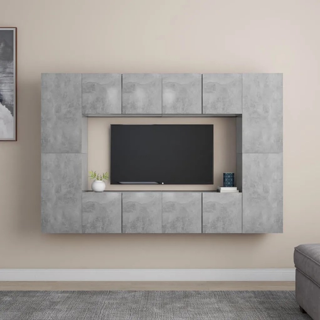 8 pcs conjunto de móveis de TV contraplacado cinzento cimento