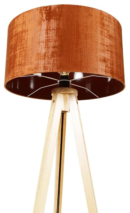 Candeeiro de pé em madeira com abajur de tecido laranja 50 cm - Tripod Classic Rústico