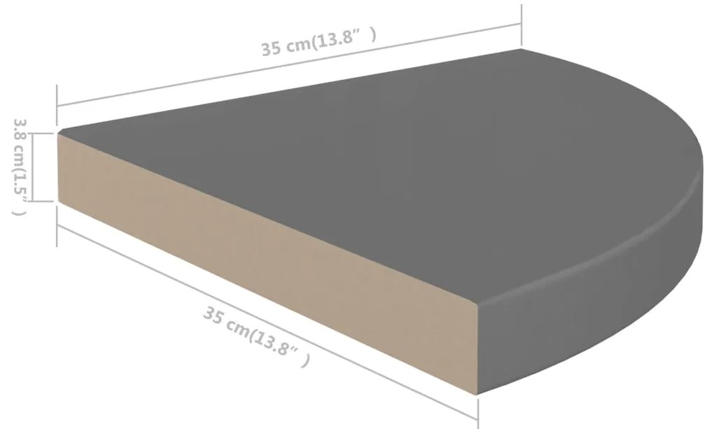 Prateleiras canto suspensas 2 pcs 35x35x3,8cm MDF cinza brilh.