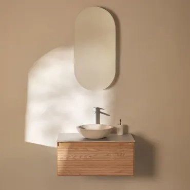 Conjunto De Móvel De Casa De Banho Suspenso 80x50 Cm Em Madeira De Freixo Tedrik Castanho Fresno & Cimento Redondo Branco Ø40 Cm Zavion & - Sklum