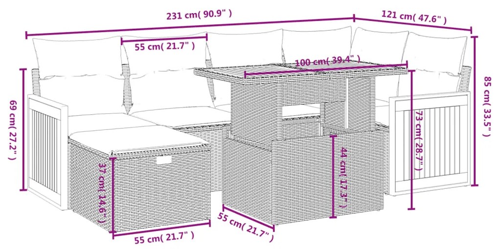 7 pcs conjunto de sofás p/ jardim com almofadões vime PE bege