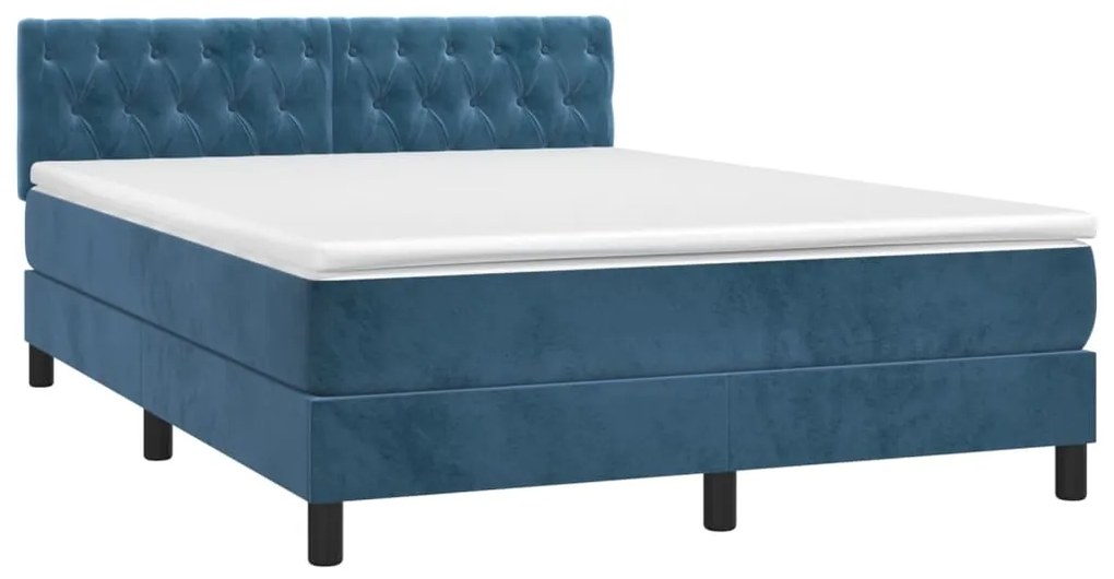 Cama box spring c/ colchão/LED 140x190 cm veludo azul-escuro