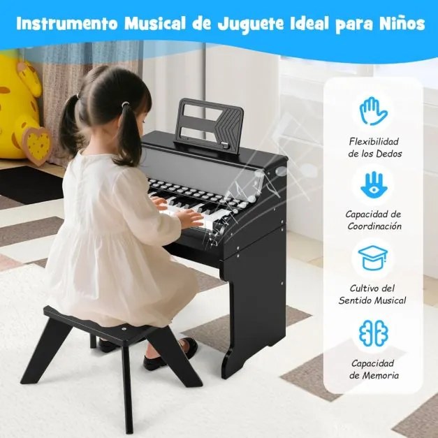 Piano de brincar com 25 teclas para crianças 38 x 24 x 47 cm, com banco e suporte, velocidade e volume ajustáveis, modo de aprendizagem, design em mad