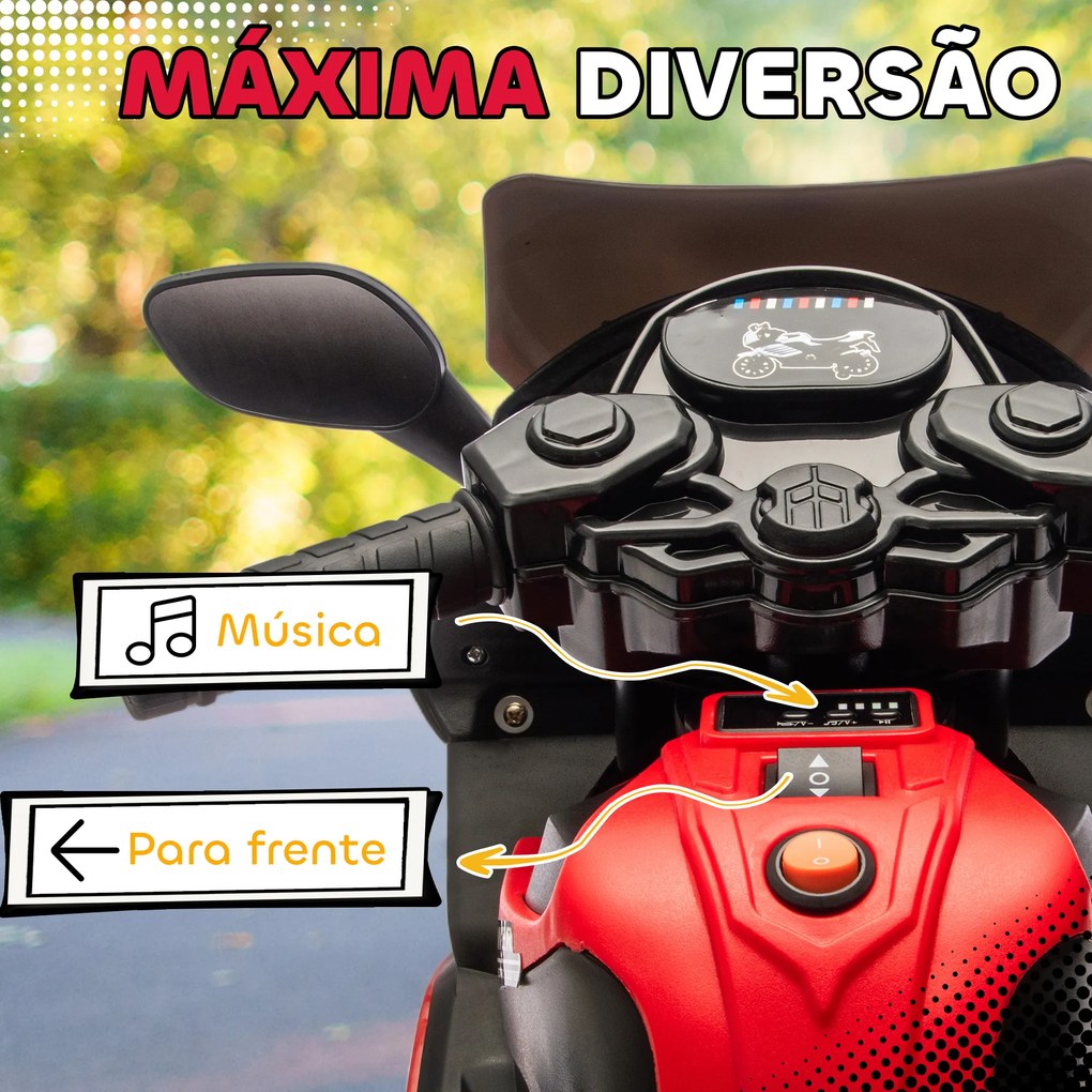 Mota Elétrica para Crianças 6V com Rodas de Apoio Música e Farol para Crianças de 18-36 Meses 77x38x50 cm Vermelho