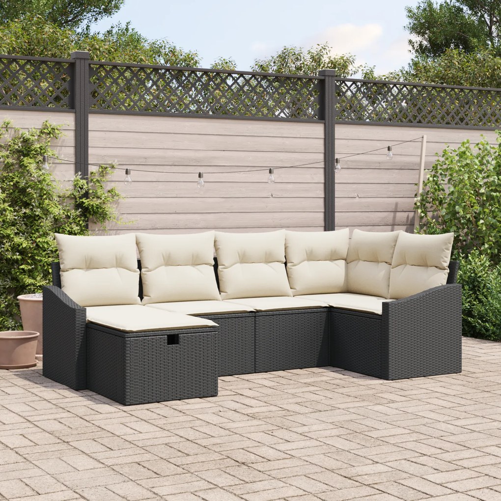 Conjunto de Sofá de Jardim de 6 Peças com Almofadas Preto Rattan Polié
