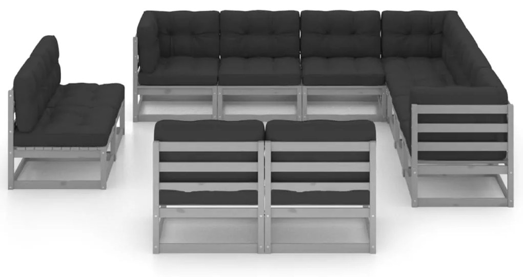 11 pcs conj. lounge jardim c/ almofadões pinho maciço cinzento