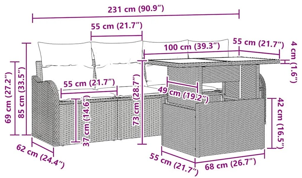 Sofá de Jardim Modular de 6 Peças com Almofadas Cinza em Poli Rattan