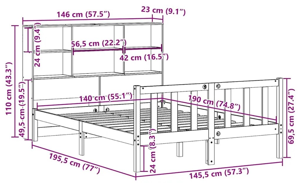 Cama com estante sem colchão 140x190 cm pinho maciço